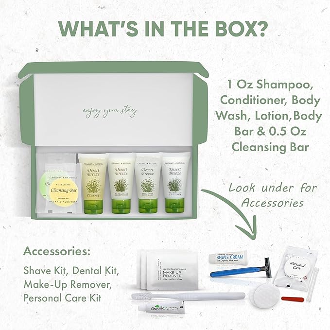 Amenity & Accessory Kit | 1 oz Travel Size Shampoo, Conditioner, Lotion, Body Wash, Body Bar, Cleansing Bar, Shave & Dental Sets, Make-Up Remover Wipes, & Vanity Kit | 1 set per case