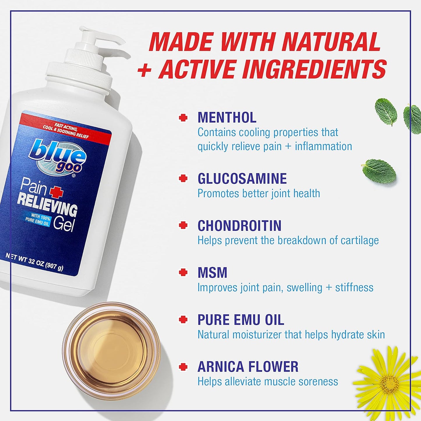 Blue Goo Pain Relieving Gel – Fast-Acting Cooling Relief for Back, Neck and Joint Discomfort, Soothes Headache, Leg and Foot Pain, Made with 100% Pure Emu Oil – 32 oz (1 Pack)