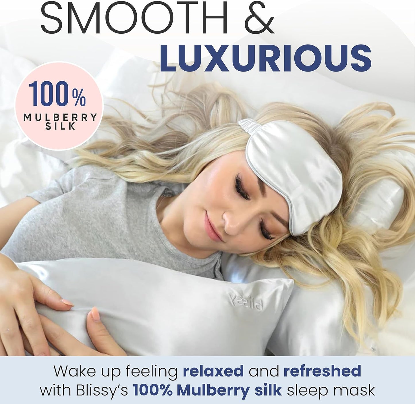 Blissy Silk Sleep Mask - Silk Eye Sleeping Mask for Women & Men for Total Blackout - 100% Pure Mulberry Silk, 22 Momme 6a Fibers - Blindfold Silk Sleep Mask Side Sleeper Eye Cover (Silver)