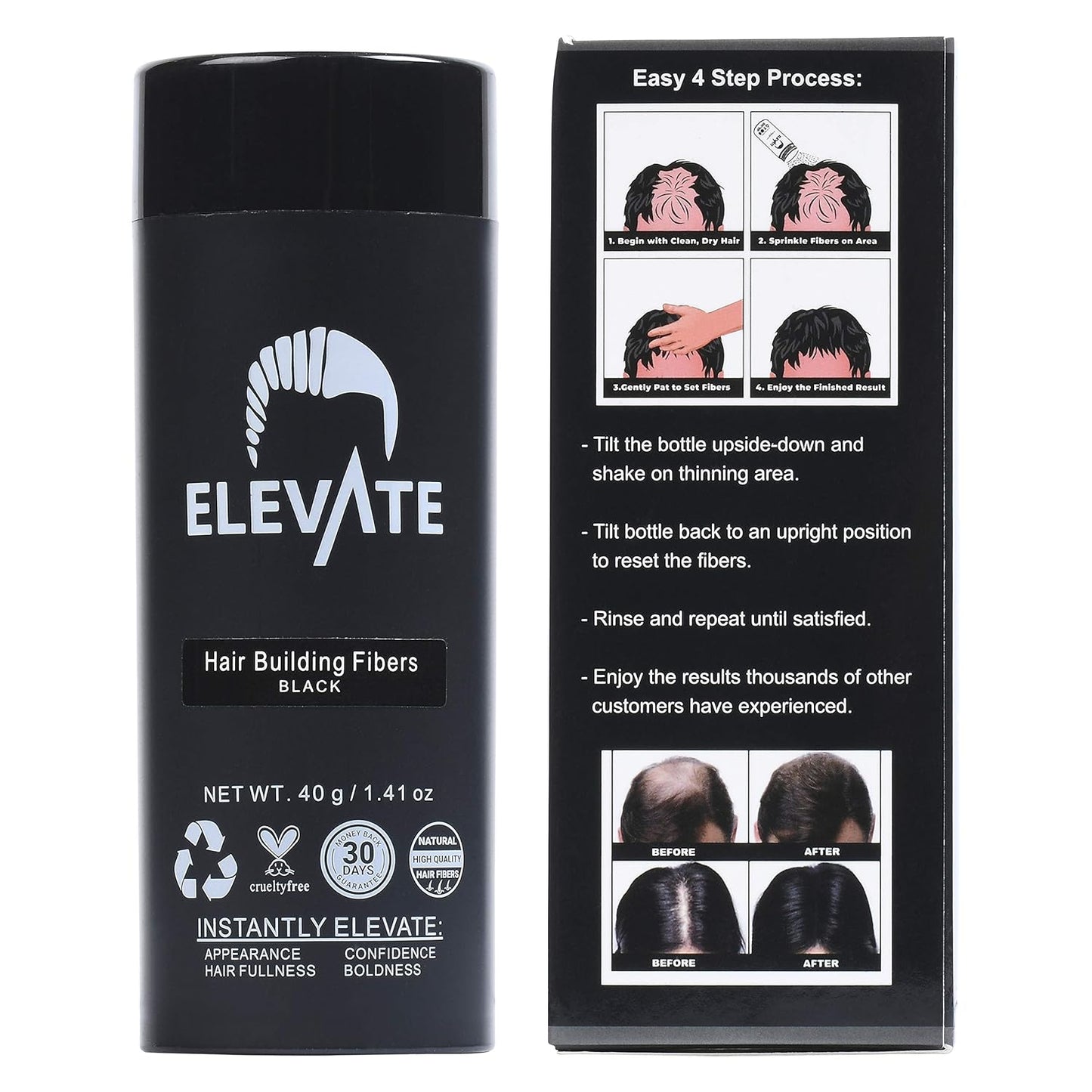 ELEVATE Hair Fibers for Thinning Hair Large Size 40g Bottle - 100% Natural Undetectable Keratin Fibers to Instantly Fill in Thinning Balding Loss Area Fuller in 30 Seconds Men & Women (Black)