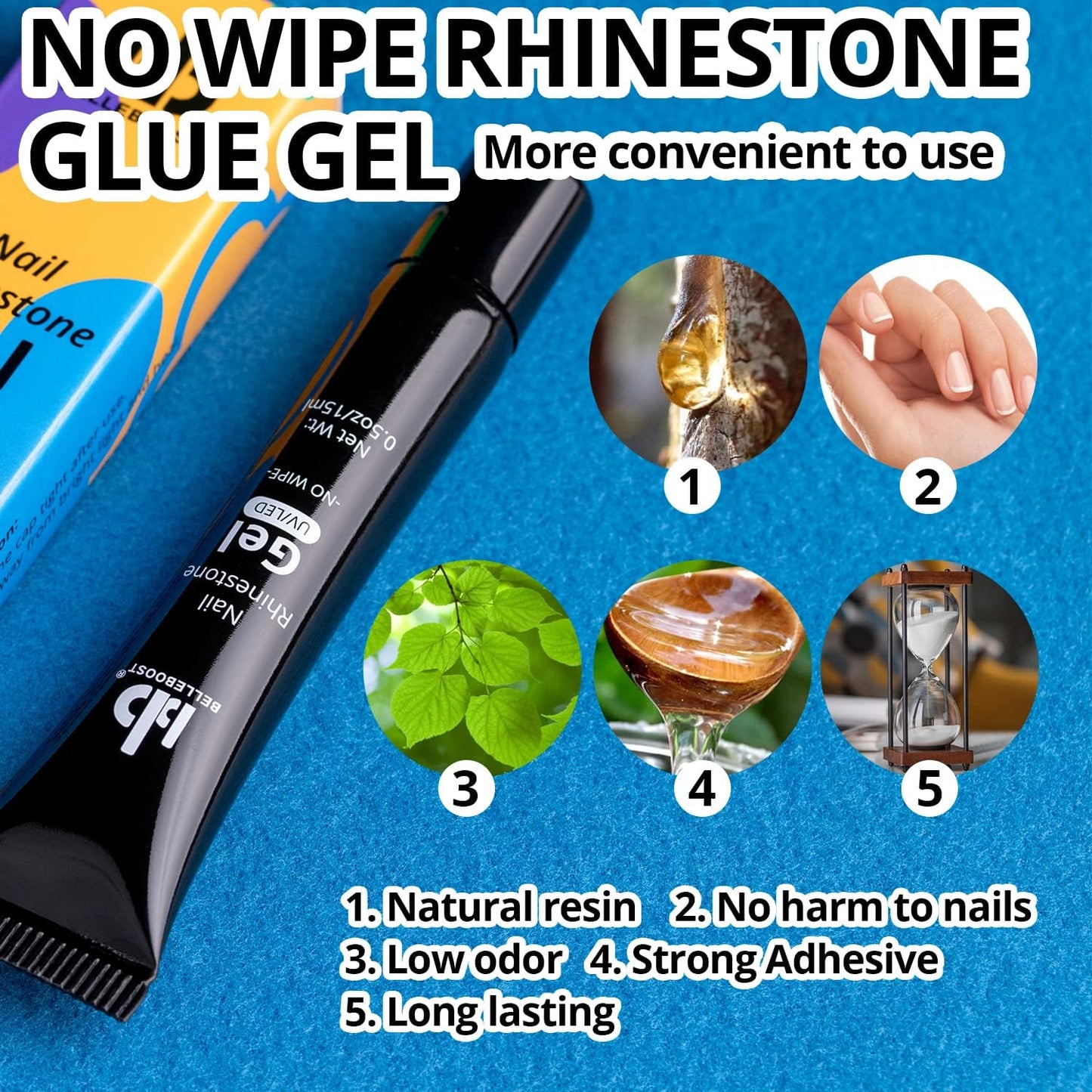 Nail Art Rhinestone Glue Gel&Flatback Gems Accessories Kit, 1 Tube of 15ml Rhinestone Gel Glue(UV/LED Needed)+1 Box of Flat-Back Round Glass Crystal AB Gemstones with Pickup Pencil and Tweezer