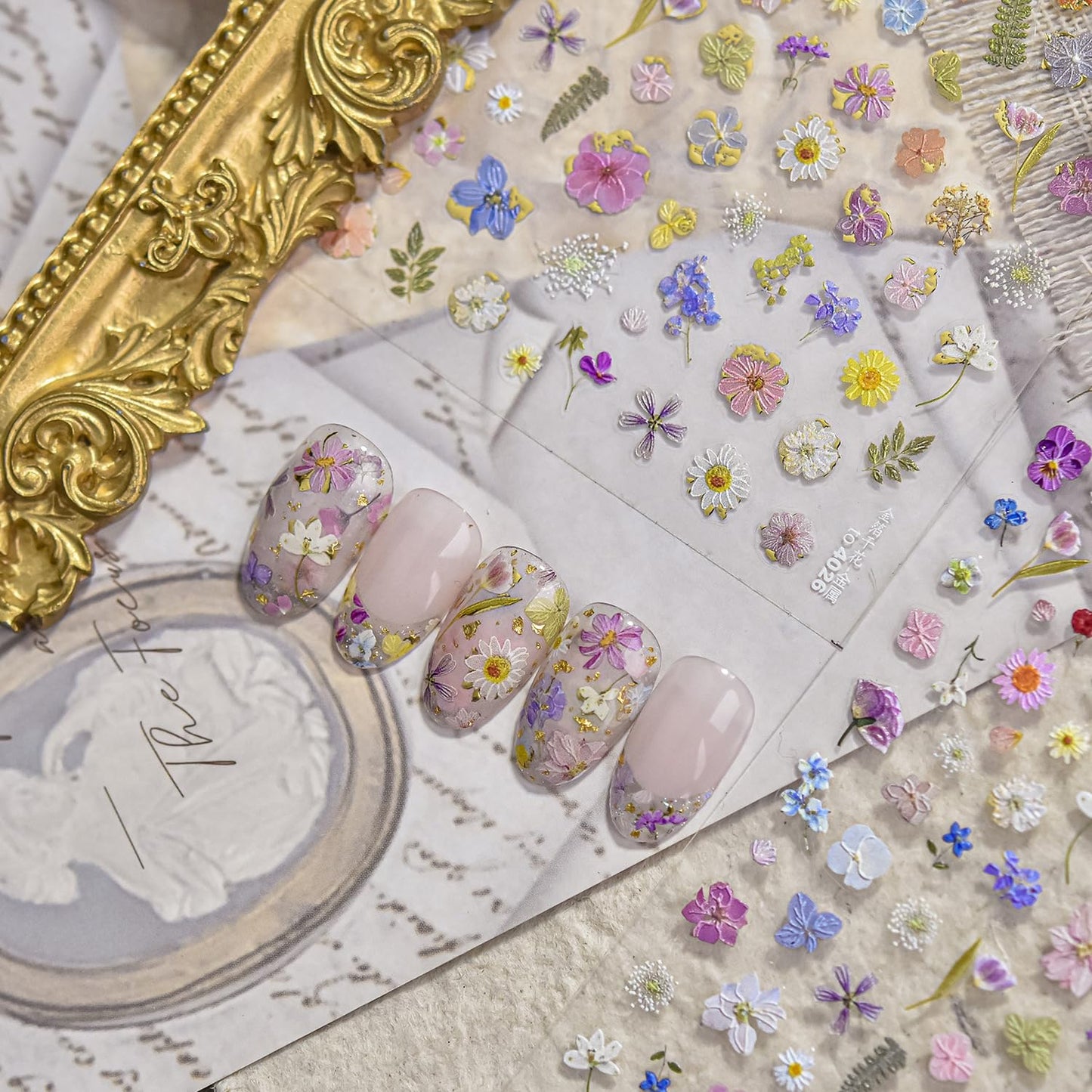 Flowers Nail Art Stickers Colorful Dried Flower Nail Decals 3D Self Adhesive Gold Foil Designs Spring Summer Nail Sticker Daisy Nail Stickers Cute Floral Nail Decal for DIY Nail Art Nails Decor Women