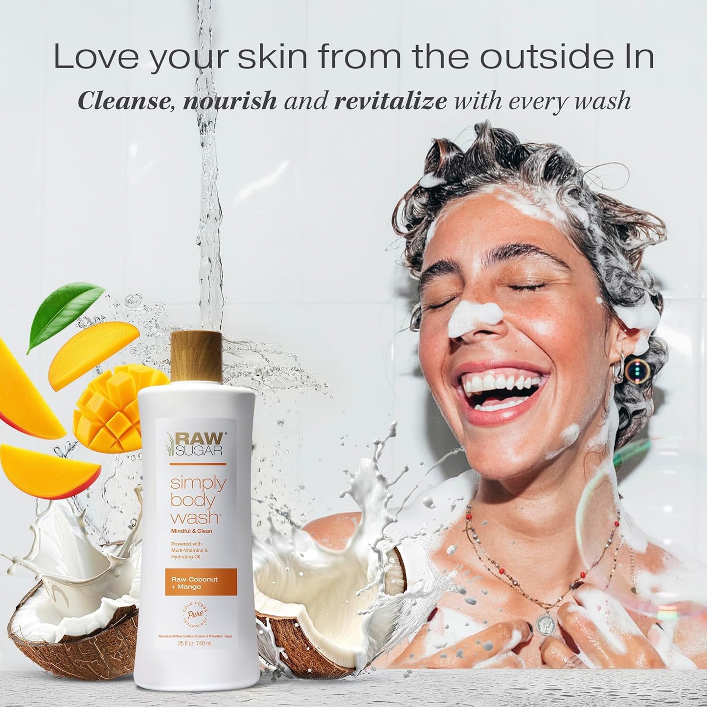 RAW SUGAR Simply Body Wash, (25 Fl Oz, Pack of 1) Bath Soap, Formulated without Sulfates & Parabens (Raw Coconut + Mango)