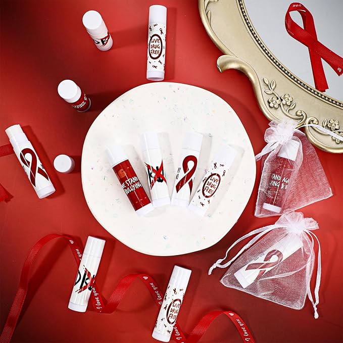 Fumete 50 Pcs Red Awareness Ribbon Lip Balm Bulks Red Ribbon Week Support Gift Red Ribbon Week Supplies Mental Health Awareness Items for Unisex Adults Volunteer Fundraising Charity Activity