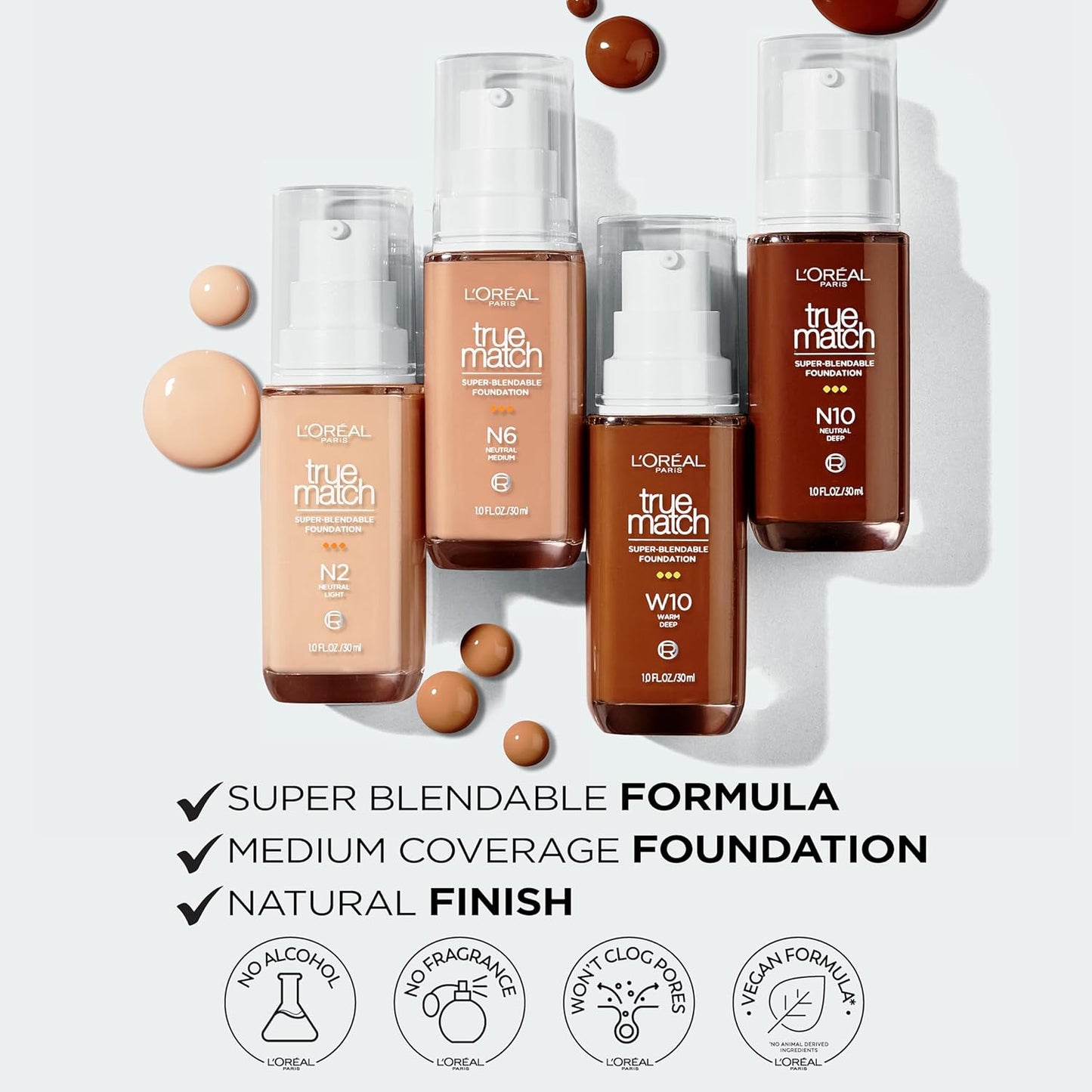 L'Oreal Paris True Match Super-Blendable Foundation, Medium Coverage Liquid Foundation Makeup, C2, Light, 1 Fl Oz