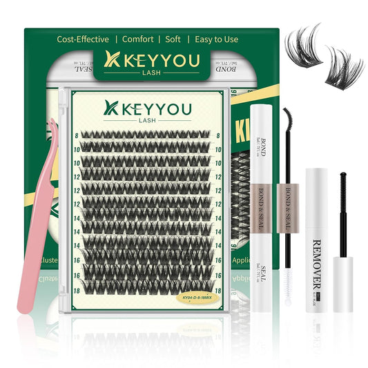 KEYYOULASH DIY Lash Extension Kit 144pcs 8-18MIX Lash Clusters Eyelash Extension Kit with Lash Bond and Seal,Remover,Applicators for DIY Lash Extensions at Home (KY04 Kit)