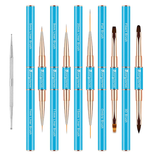 Nail Art Bushes Set, Professional 5Pcs Double-Ended Nail Brush Kit for Details, Long Lines, Ombre & 3D Design-Perfect for DIY Manicures & Salons (Blue)