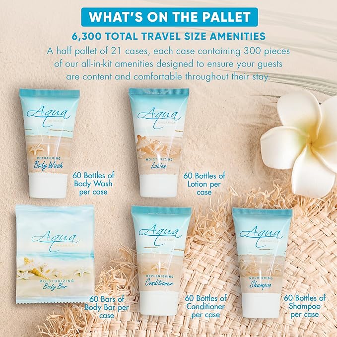 Aqua Organics Hotel Soaps and Toiletries Bulk Set | 1oz Hotel Shampoo & Conditioner, Body Wash, Body Lotion & 1oz Bar Soap Travel Size | Half Pallet 21 cases with 300 units each - 6,300 pieces