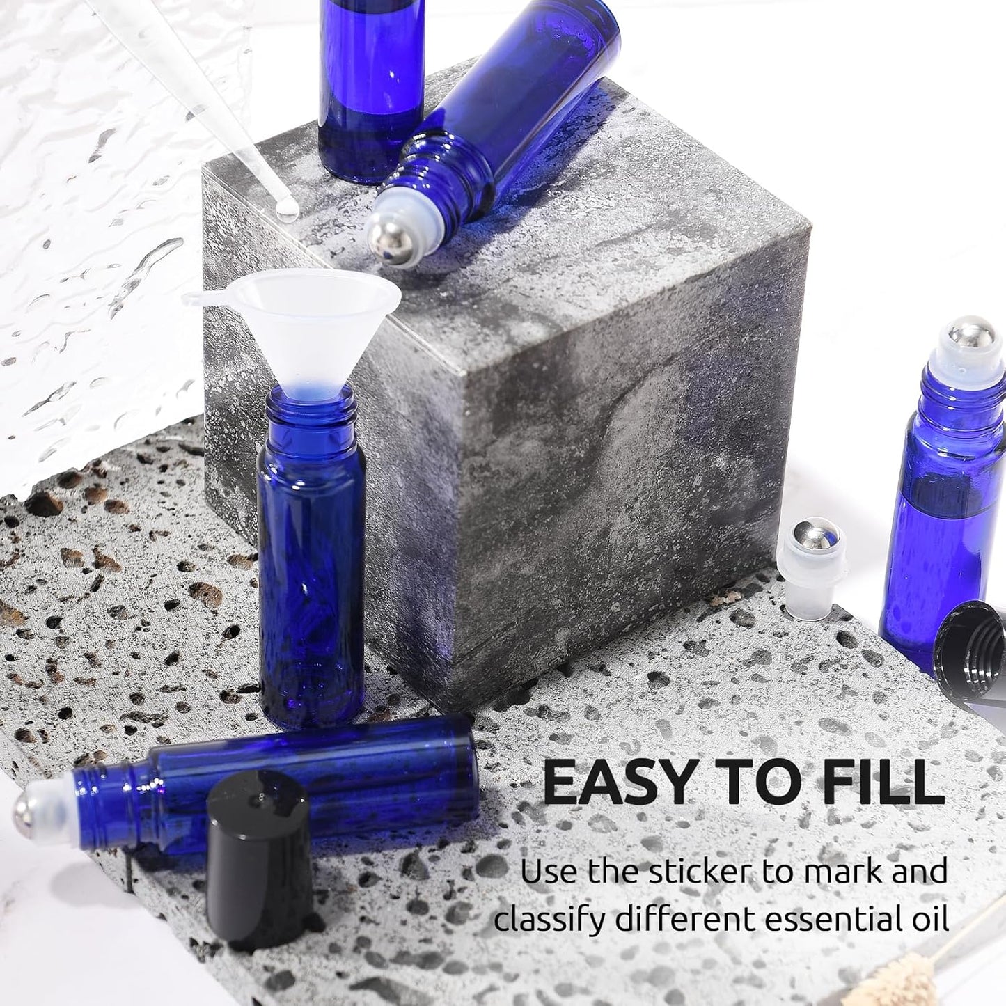 10ml Roller Bottles for Essential Oils, 4 Pack Glass Roller Ball Applicator Stainless Steel, Opener, Pipettes, Funnel, Stickers, Refillable Container for Perfume (Amber & Blue)