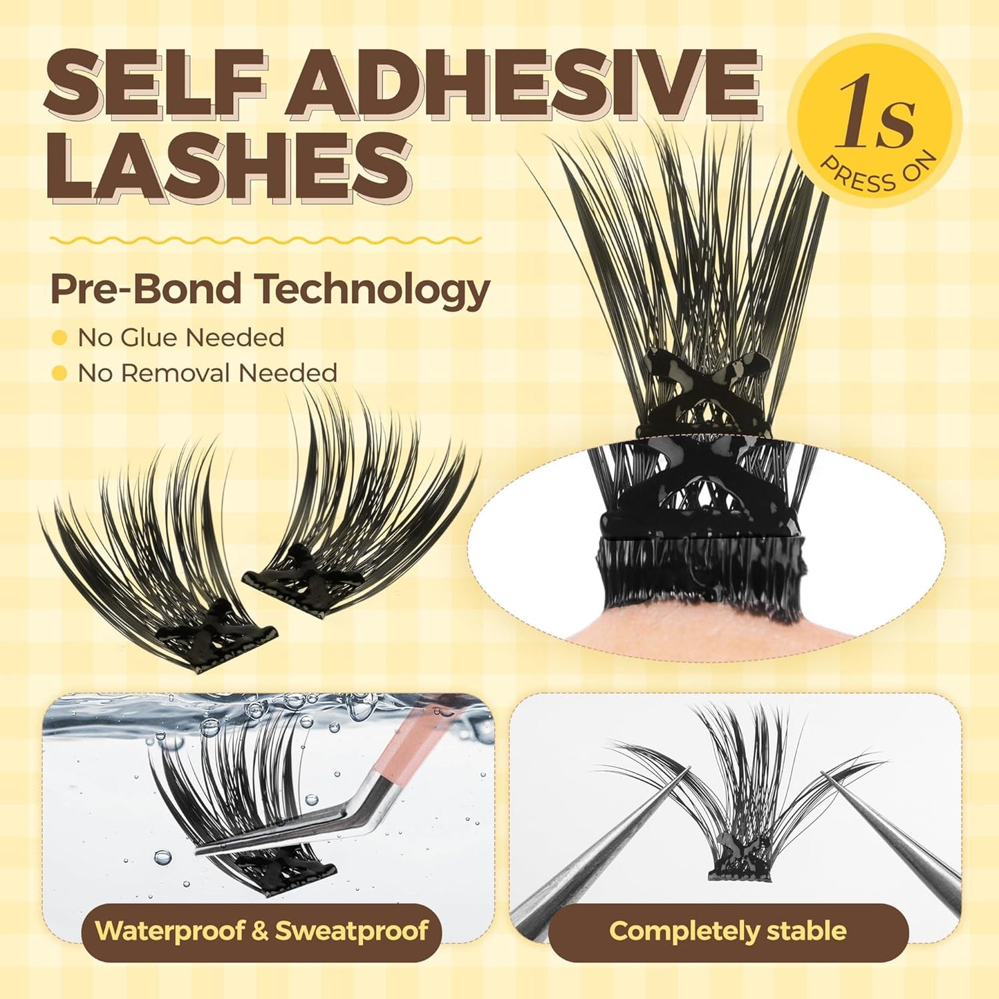 PopUp Self Adhesive Eyelashes Clusters, Press On Lashes Pre Glued Eyelash Extension Kit with Lash Tweezer,10-16mm No Glue No Remover Needed Self Adhesive Lashes Clusters NM03-D