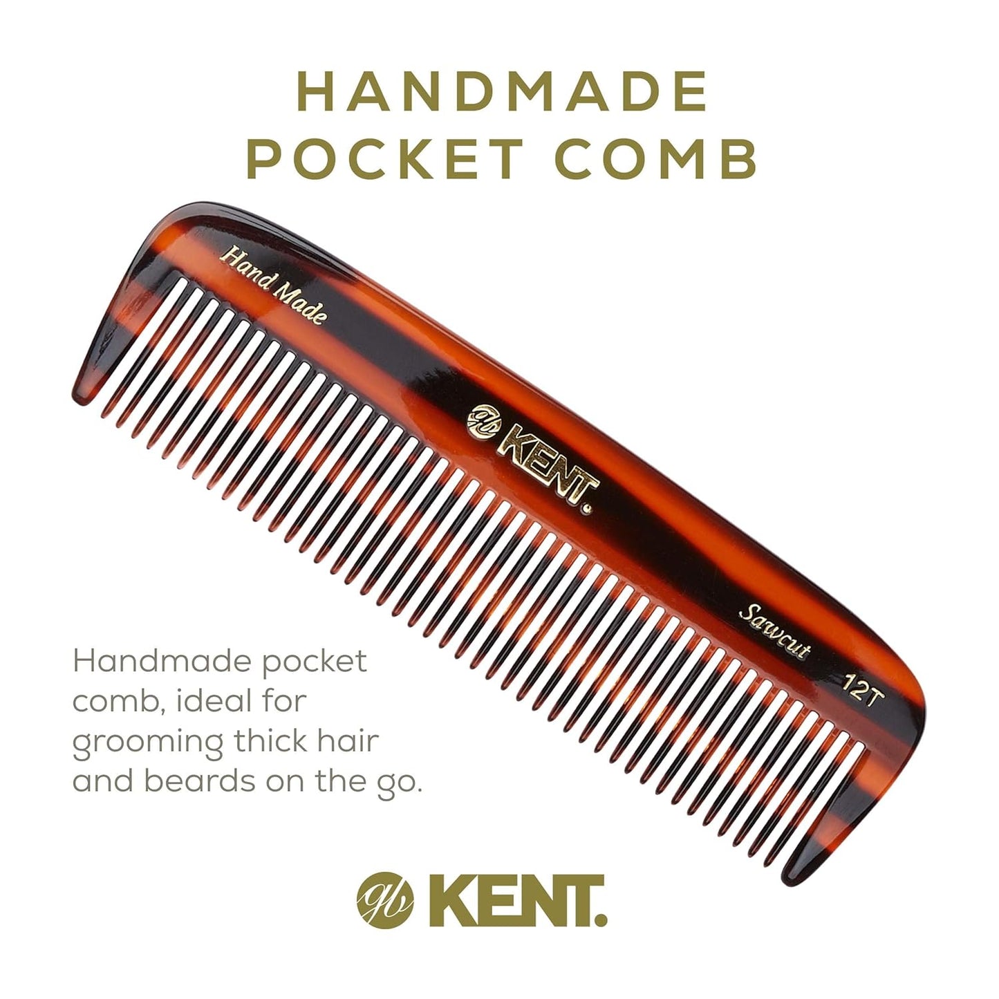 Kent 12T Wide-Tooth Detangling Comb - Handmade Pocket Comb for Thick, Curly, Wavy Hair - Large Saw-Cut and Hand-Polished Grooming Comb for Hair, Beard, and Mustache