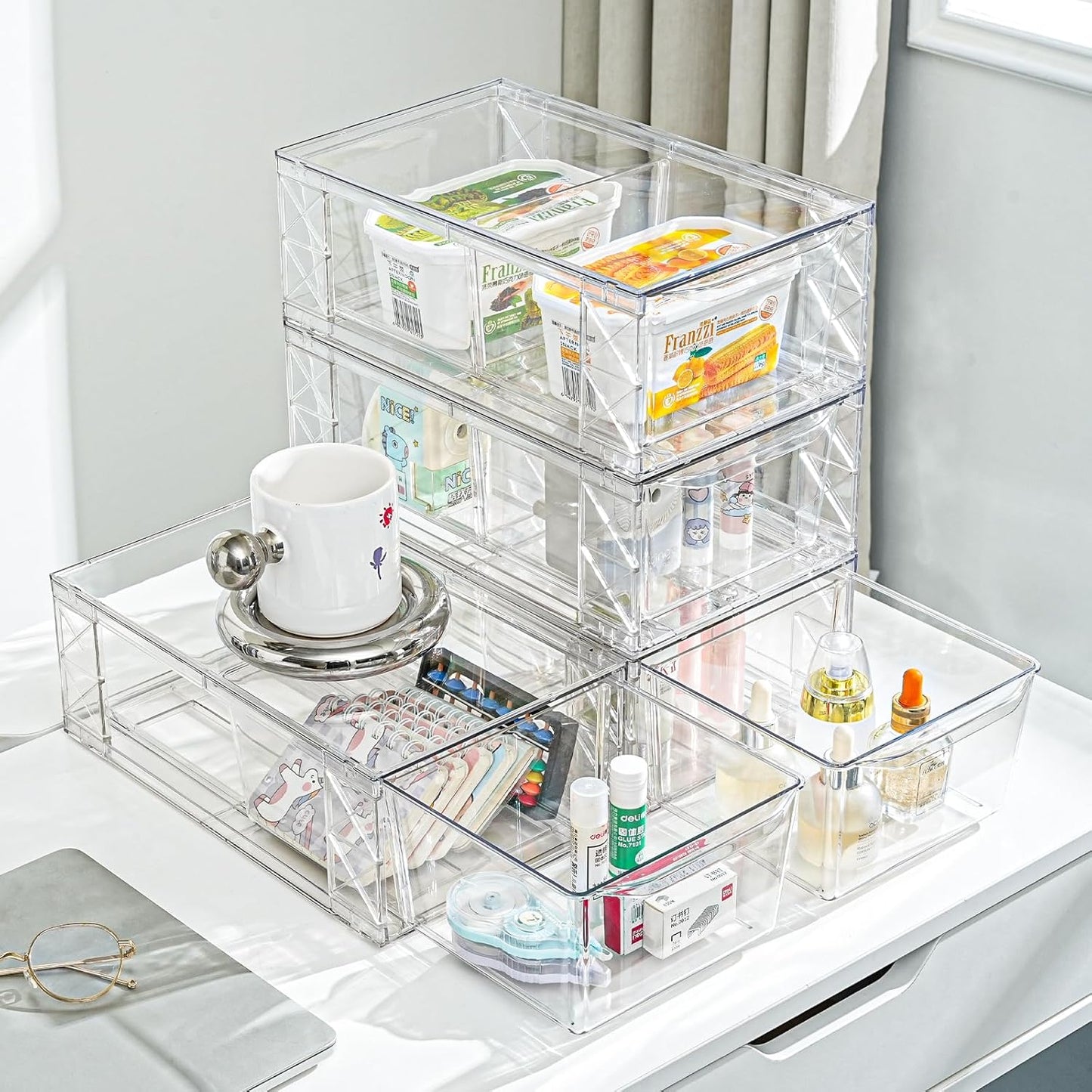 Plastic Drawers Storage, 6Pack Clear Stackable Storage Drawers, Acrylic Storage Bins with Drawers for Fridge Organizers, PlasticDrawers Stackable for Makeup Organizers Cosmetic Display, Medium