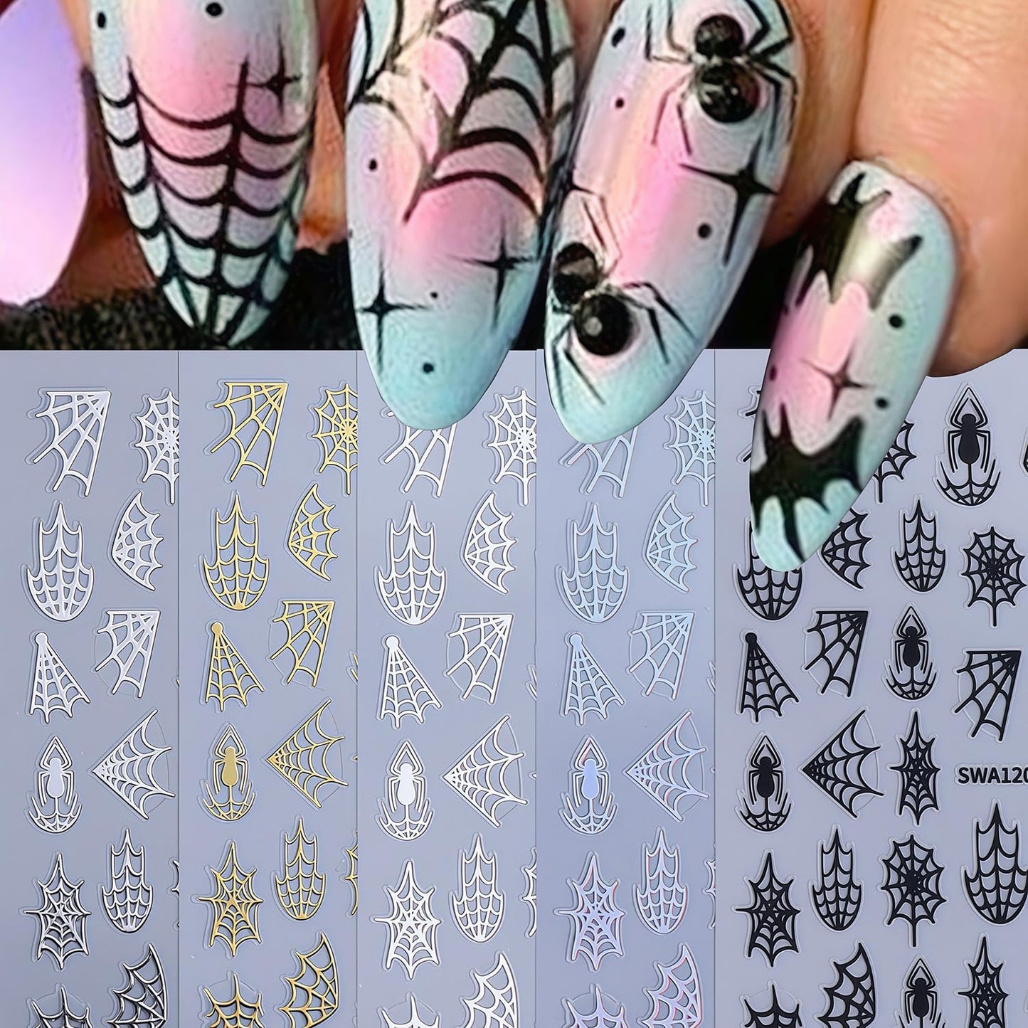 10 Sheets Spider Nail Art Stickers Halloween Nail Decals 3D Self-Adhesive Laser Black White Gold Silver Spiders and Spider Web Nail Sticker Design DIY Holiday Party Nails Supplies for Salon Manicure