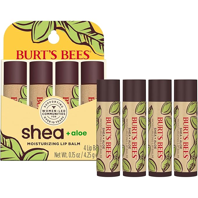 Burt's Bees Lip Balm Mothers Day Gifts for Mom - Shea and Aloe Lip Moisturizer With Responsibly Sourced Beeswax, Tint-Free, Natural Origin Conditioning Lip Treatment, 4 Tubes, 0.15 oz.