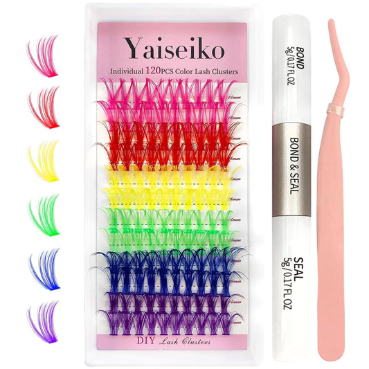 Eyelash Extension Kit Colored Lash Clusters Lash Extension Kit 6 Colors Rainbow Lash Clusters with Bond and Seal and Applicator Colorful Lash Extensions 14mm&16mm D Curl Lashes Cluster by Yaiseiko