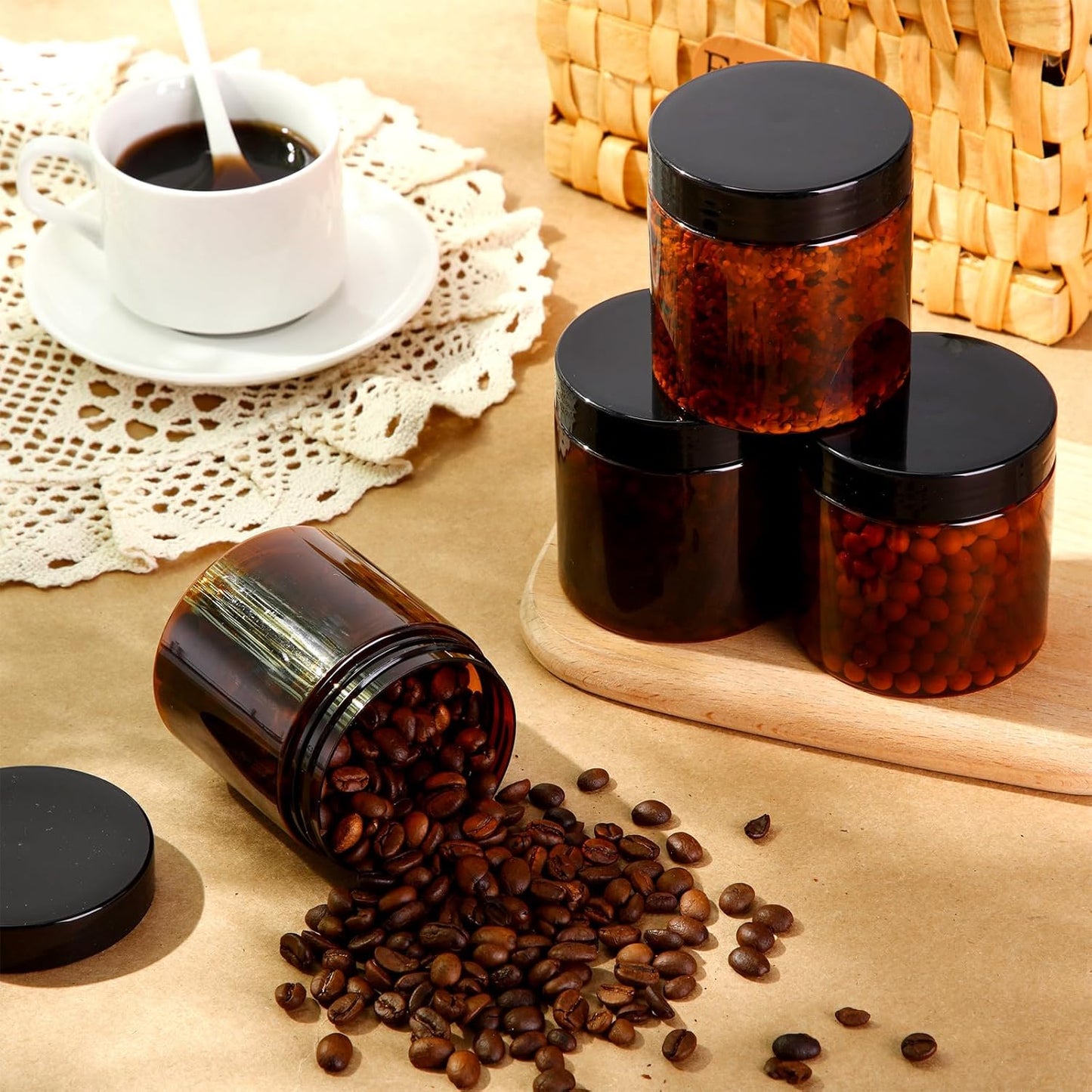 SATINIOR 100 Pcs Plastic Jars with Lids Small Containers Lids Wide Mouth Small Plastic Containers for Lotion Cream Rhinestones Body Butters Travel Storage(8 oz, Amber)