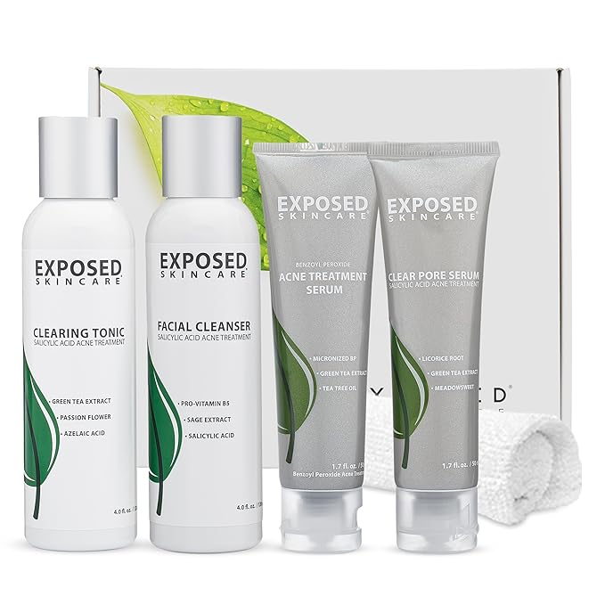 Exposed Skin Care Basic Acne Treatment Kit - Includes Salicylic Acid Face Wash, Clearing Tonic, Treatment Serum with Benzoyl Peroxide, Clear Pore Serum - Natural Acne Solution for All Skin Types