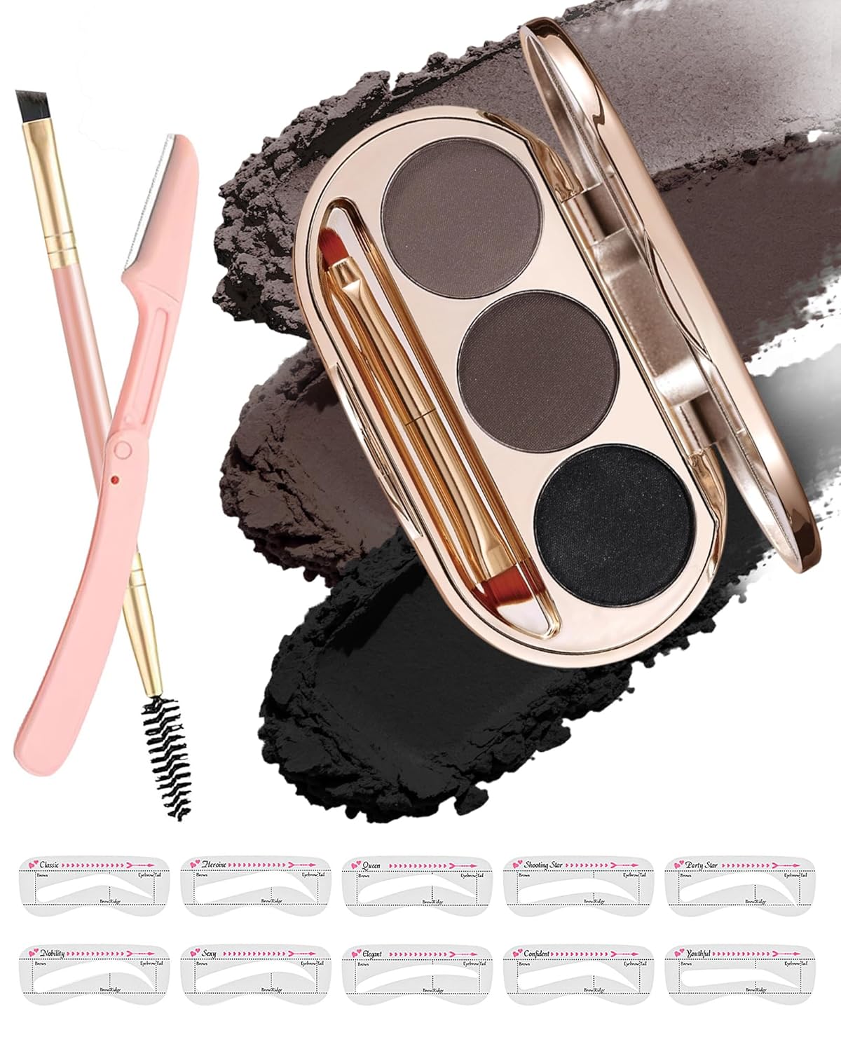 Waterproof Eyebrow Powder Kit - 3 Colors Long-Lasting Brow Powder Palette with Brush Razor & Stencil, Natural Tinting Powder for Women Sparse Brows | #03 Medium Brown, Dark Brown, Black