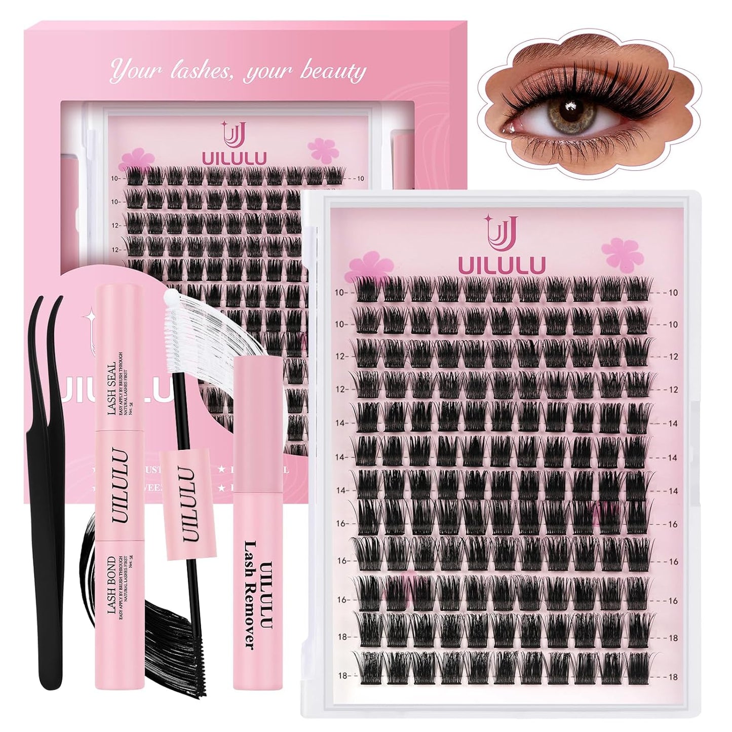 Lash Clusters kit 10-18mm DIY Lash Extension Kit 132 D Curl Lash Clusters 0.07D Fluffy Individual Lashes Clusters False Eyelashes Natural Wispy Eye Lash Kits Extensions Kit U08 Kit