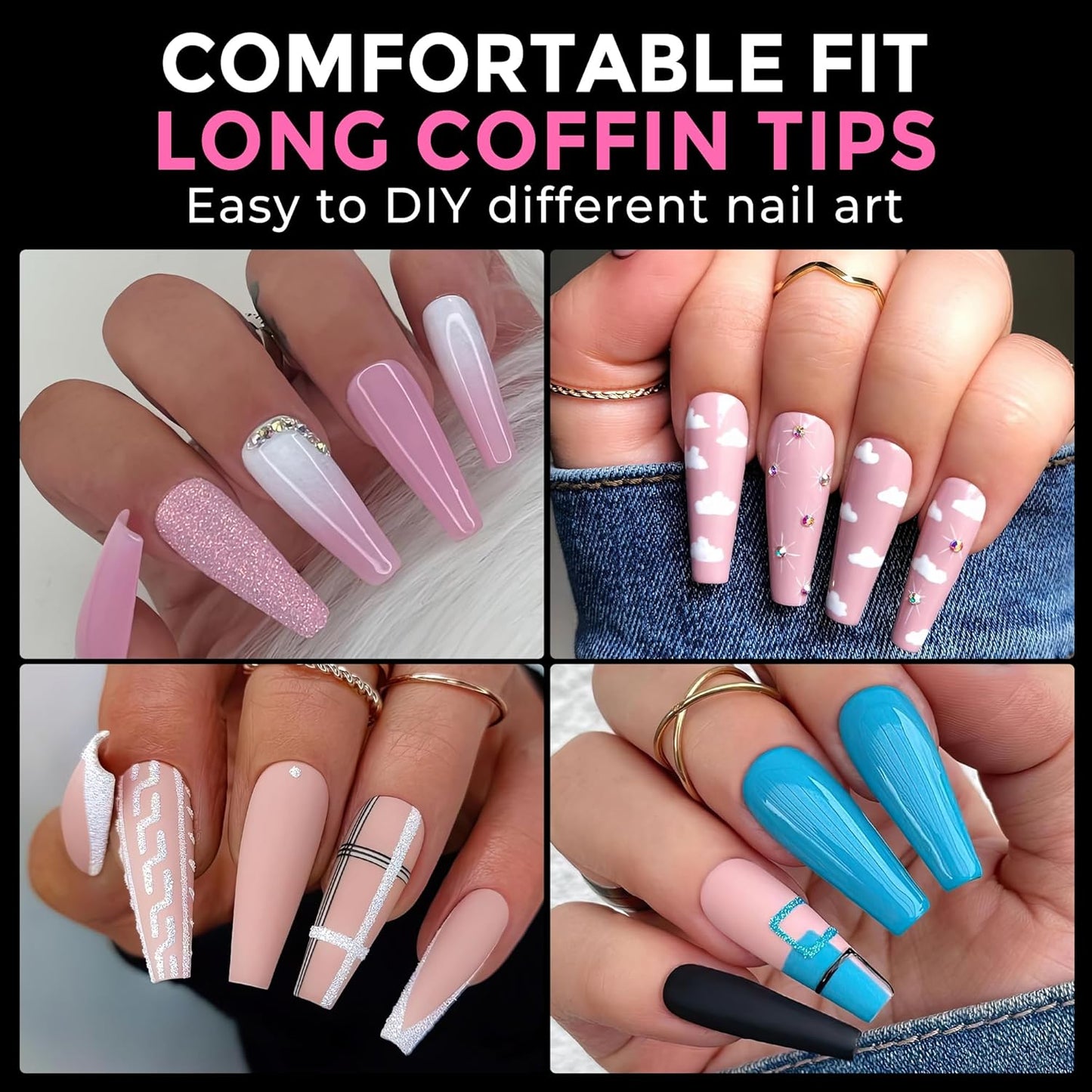 UNA GELLA Long Coffin Nail Tips: 216pcs Coffin Acrylic Fake Nails Full Cover Gel Nail Tips Press On Nails Clear Tips for Nail Extension DIY Salon 12 Sizes