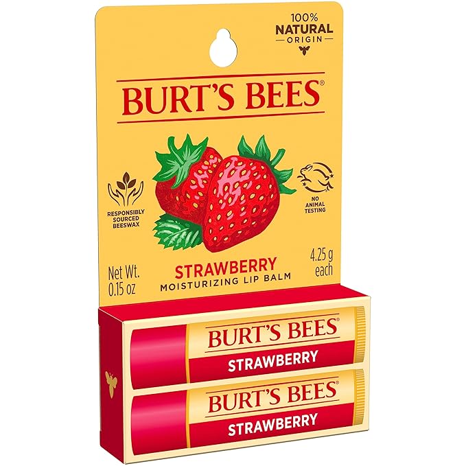 Burt's Bees Lip Balm Mothers Day Gifts for Mom - Strawberry, Lip Moisturizer With Responsibly Sourced Beeswax, Tint-Free, Natural Origin Conditioning Lip Treatment, 2 Tubes, 0.15 oz.