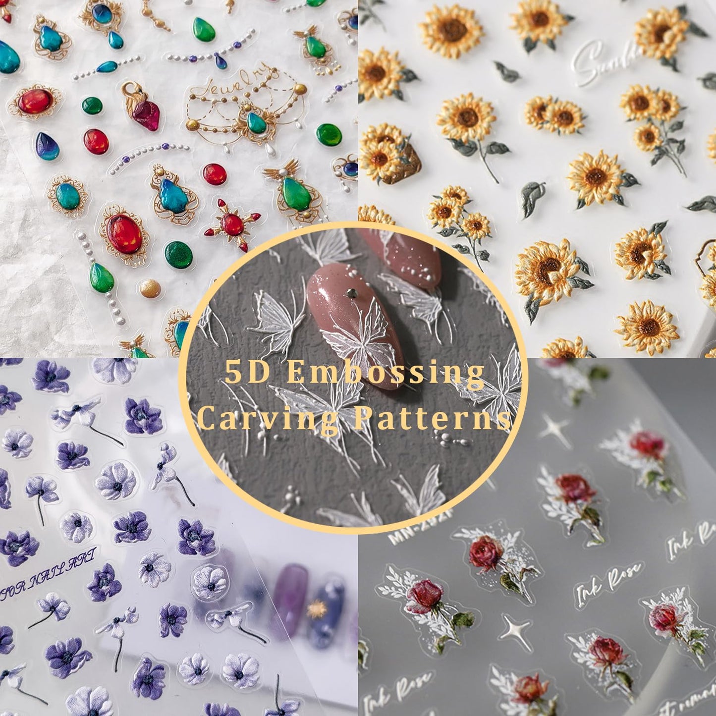 Flower Nail Art Stickers 5D Embossed Purple Floral Nail Stickers for Nail Art Self-Adhesive Nail Design Stickers 1 Sheets Nail Art Decoration Nail Supplies Accessories (1, Purple Flower)