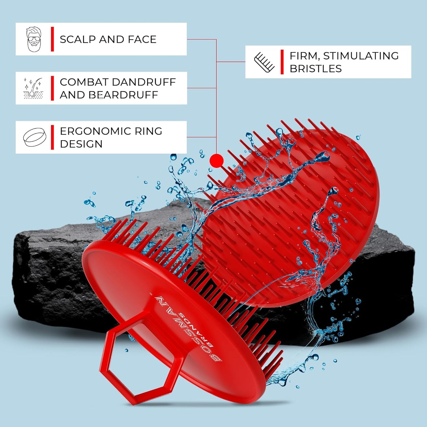 Bossman Scalp Massager & Shampoo Brush (3-inch, Red) – Head Scrubber, Beard Exfoliator & Dandruff Control for Hair & with Firm Bristles