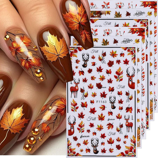 Fall Nail Stickers Maple Leaf Nail Decals 6PCS 3D Self-Adhesive Leaves Deer Nail Designs Stickers Autumn Nail Art Supplies Slider Fall Decorations for Nail Art Women DIY Manicure Accessories