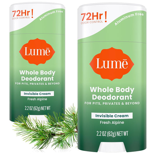 Lume Whole Body Deodorant - Invisible Cream Stick - 72 Hour Odor Control - Aluminum Free, Baking Soda Free, Skin Safe - 2.2 Ounce (Pack of 2) (Fresh Alpine)