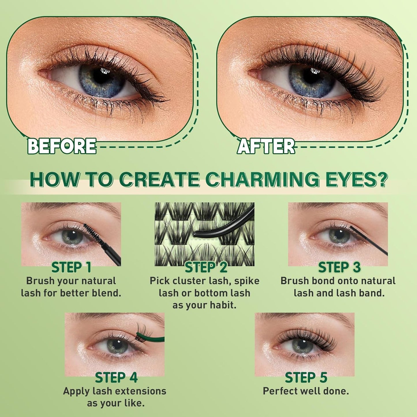 KEYYOU Natural Lash Clusters Kit 144Pcs DIY Lash Extension Kit Wispy Eyelash Extensions Kit D Curl 8-18MIX with Bond and Seal and tweezers with Thin Lash Band(KIT-N03-D-8-18MIX)