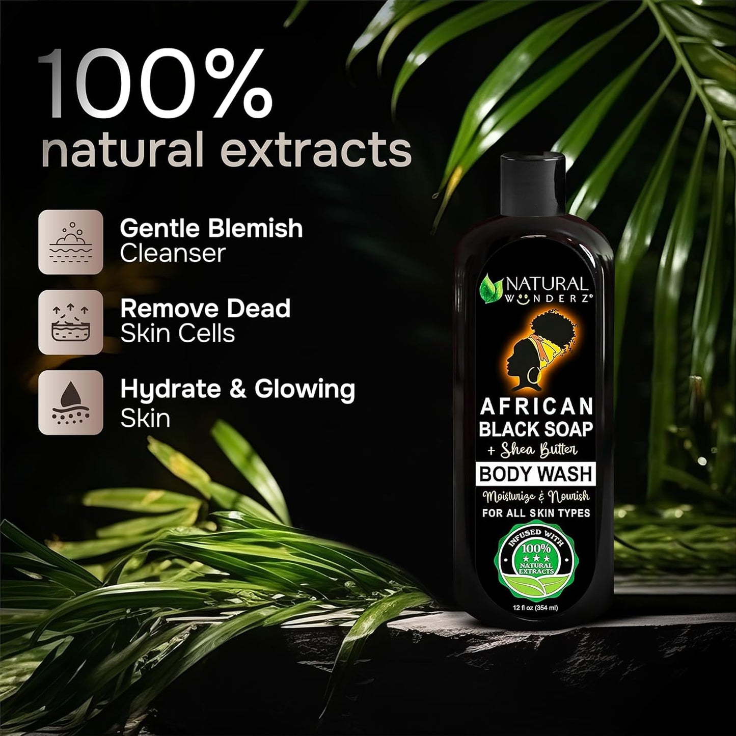 African Black Soap Body Wash, 12 oz – Sulfate‑Free, Vegan Cleanser with Shea Butter – Soothing, Detoxifying Shower Gel for Men & Women