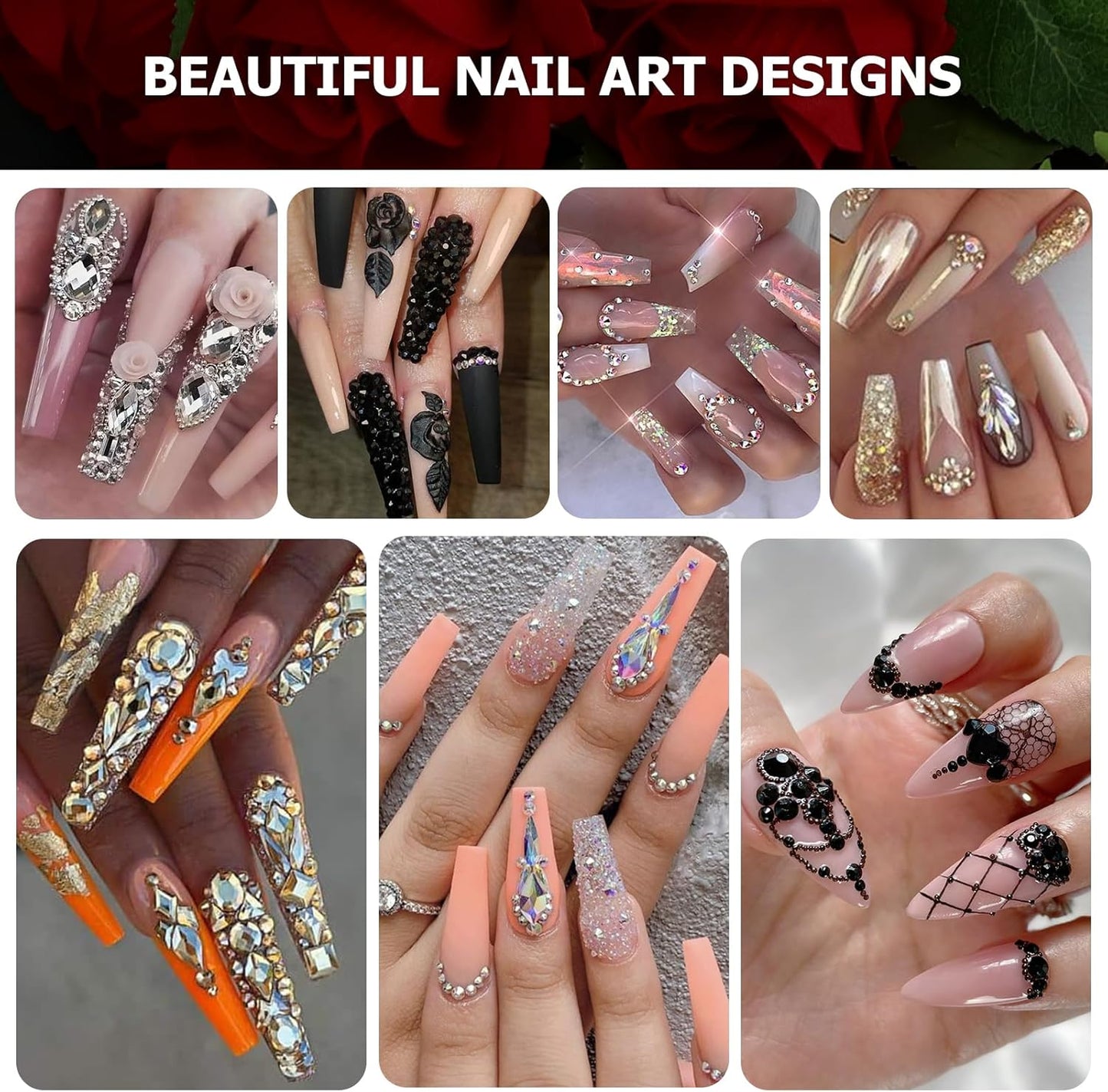 Dowarm 6000PCS Champagne Gold Nail Rhinestones, 16 Types of 800PCS Special-Shaped Diamonds + 5200PCS Flatback Rhinestones, 3D Glass Gemstones for Nail Crafts Decoration, Jewelry Gem Stones Charm