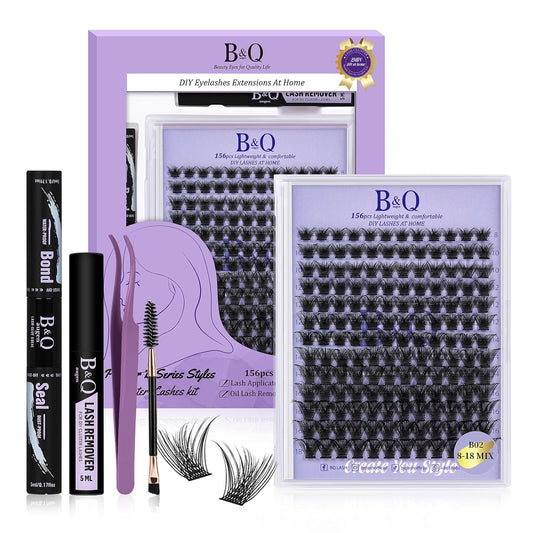 Lash Extension Kit B02 Eyelash Extension Kit B&Qaugen DIY Lash Extension Kit 156 PCS Lash Clusters 8-18mm Cluster Eyelash Extensions Kit with Lash Bond and Seal Lash Applicator Tool (Kit,B02)