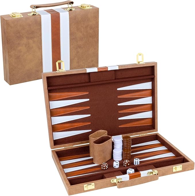 Backgammon Set 2 Players Classic Backgammon Sets for Adults Board Game with PU Leather Case Portable and Travel Backgammon Set (Retro Brown, 15inch)