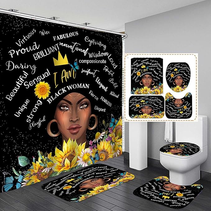 4PCS African American Black Girl Shower Curtain Sets with Rugs, Black Shower Curtain, Afro Black Woman Sunflower Bathroom Decor, Non-Slip Bath Mat, Motivational Inspirational Gifts for Women