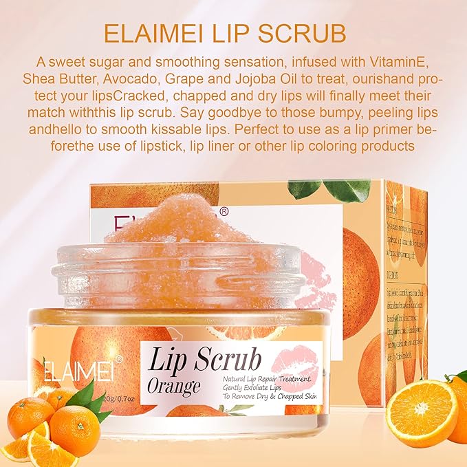 Lip Scrub, Lip Scrubs Exfoliator & Moisturizer, Lip Repair for Lush Soft Lips, Lip Moisturizer for Chapped Dry and Flaky Lips Treatment, Lip Scrubs (Orange)