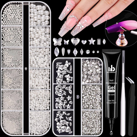 Flatback Pearls (White) and Metal Nail Beads and Glass Rhinestones with Rhinestones Glue Gel for Nail Art, Pearl Nail Charms and Round Caviar Beads Multi Shapes Crystals Gems for Manicure Decor