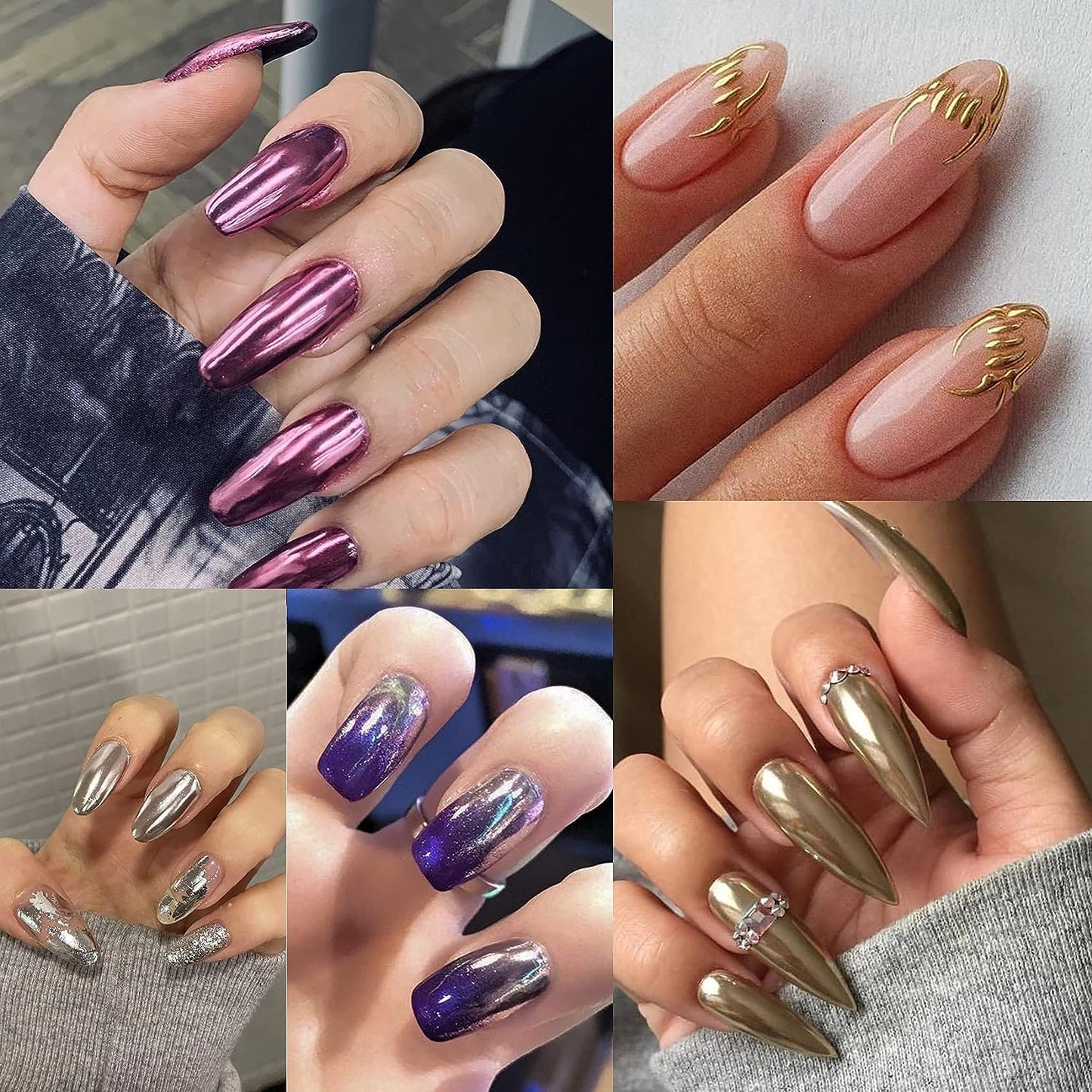 6 Jars Chrome Nail Powder, Chrome Effect Nail Powder Set, Shiny Nail Glitter Powder with Magic Mirror Effect for Nail Art Design Decoration