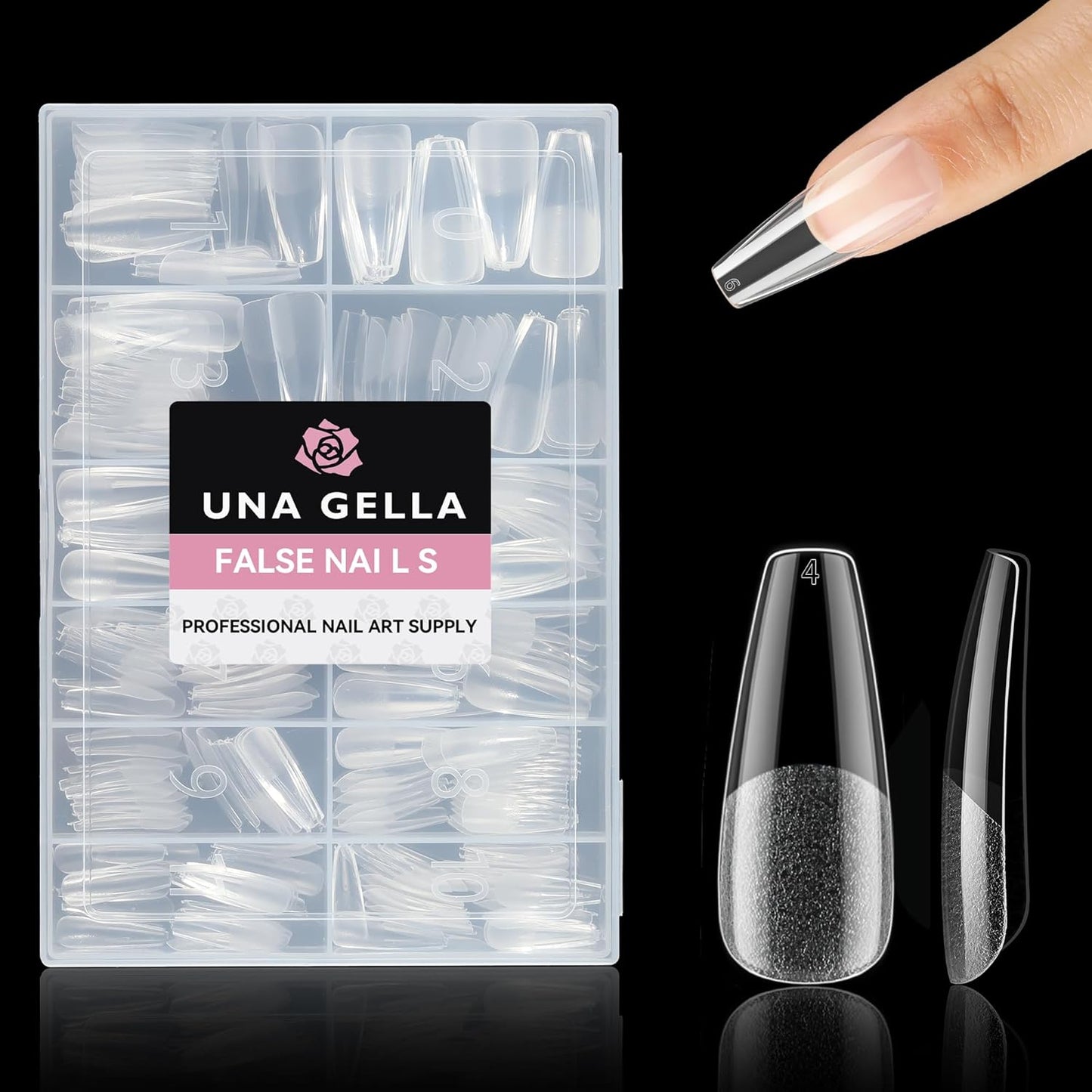 UNA GELLA Long Coffin Nail Tips, 312Pcs Gel Nails Tips Coffin Pre-Shape, Half Matte Full Cover Clear False Fake Nails for Nail Extension DIY Art Salon 12 Sizes