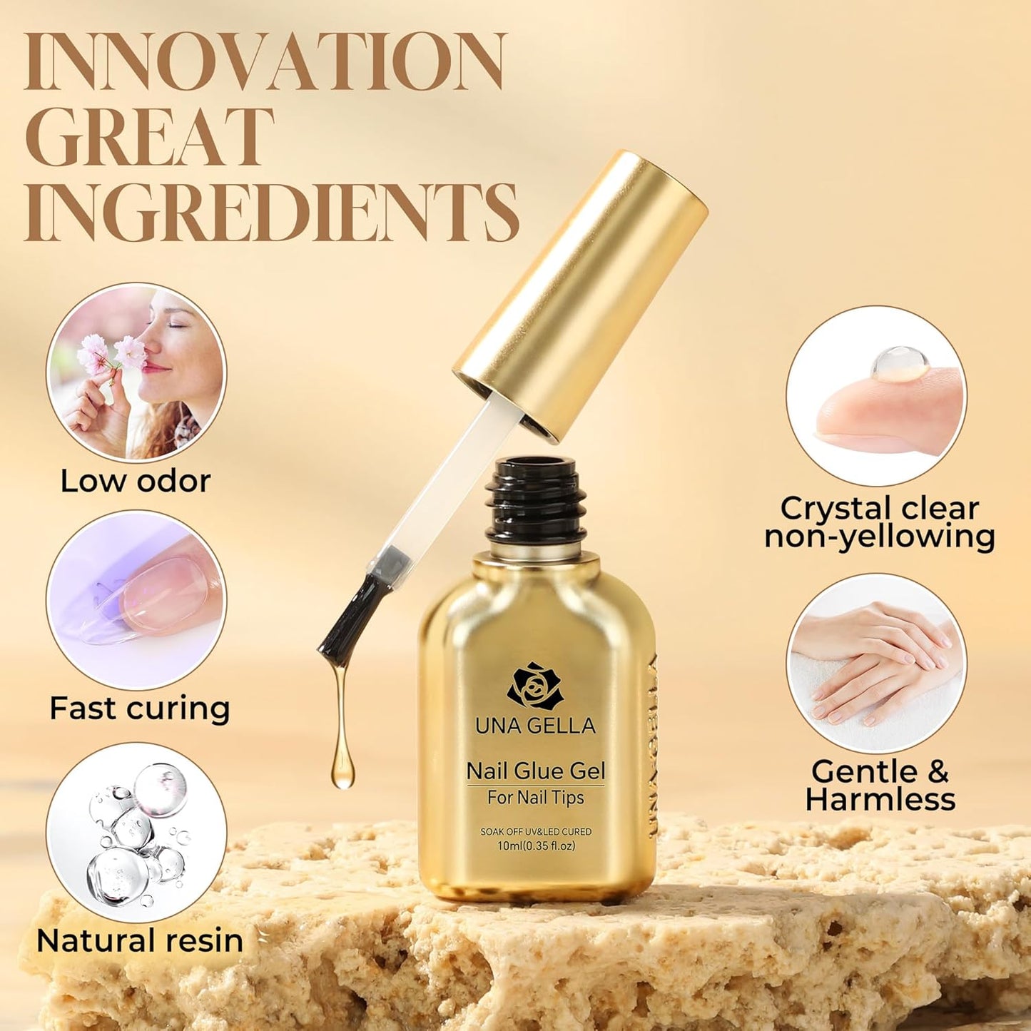 UNA GELLA 6 in 1 Gel Nail Glue for Acrylic Nails Tips 2 Pcs 10ml Super Strong Nail Glue Long Lasting Brush On Nail G el Glue Curing Needed U V for Base Coat, Soft Gel Nail Tips, Clear Press on Nails