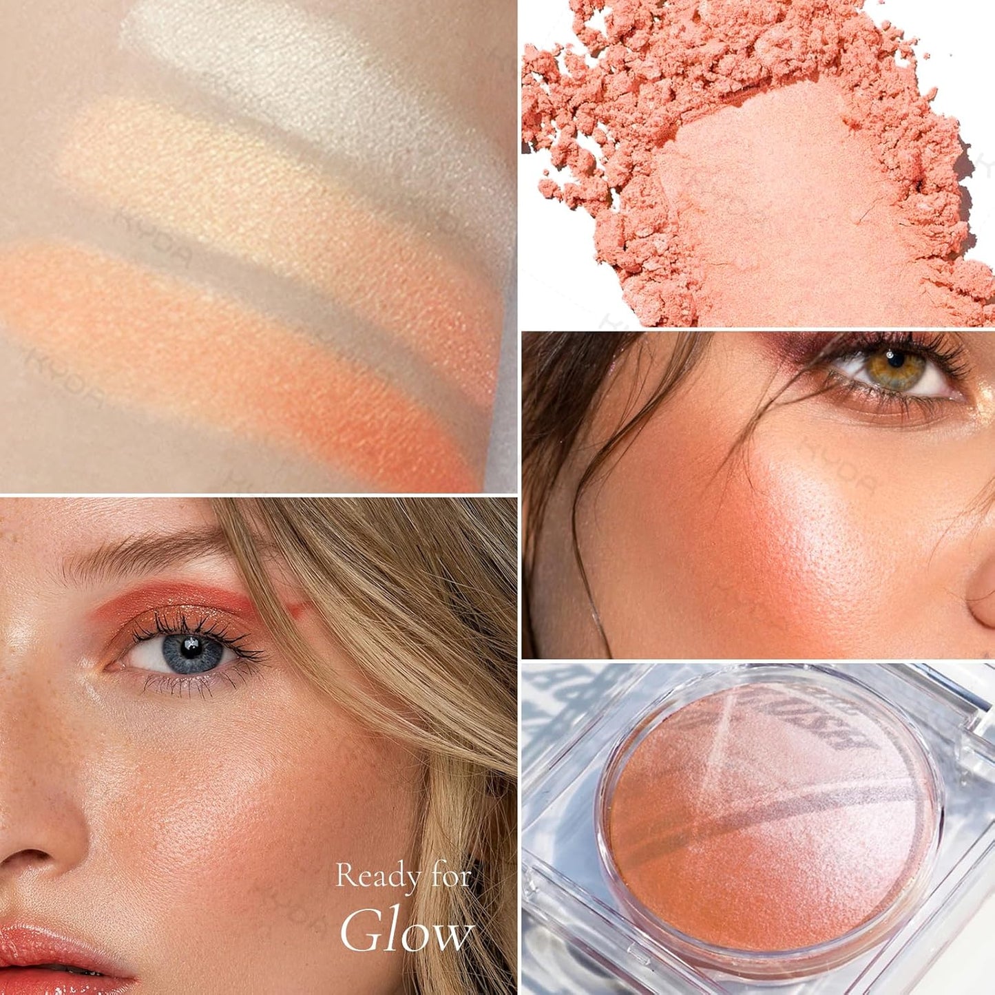 KYDA Baked Blush, Coral Glow Powder for Blush and Highlighter, High Glossy Finish, Lightweight Blendable Shimmer Blusher, Multiuse Baked Powder, 0.53 oz