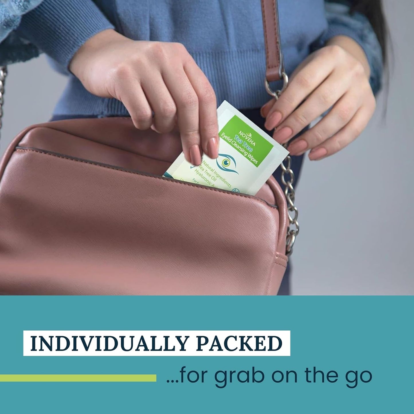 NOVEHA 180PCs Tea Tree Oil Eyelid & Lash Wipes With Hyaluronic Acid, Green Tea & Chamomile For Blepharitis & Itchy Eyes, Individually Wrapped Eyelash Wipes Natural Makeup Remover & Daily Cleanser