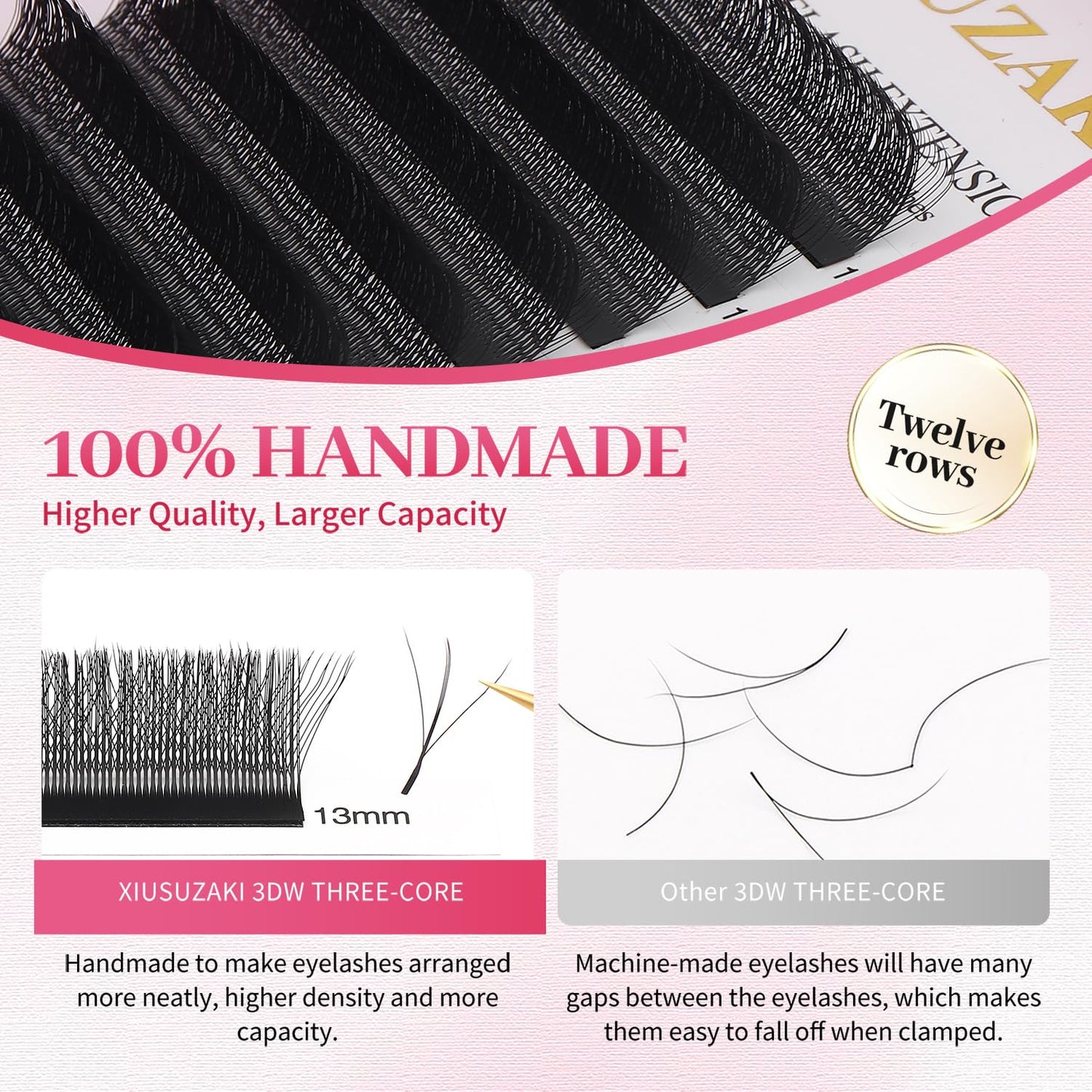 Lash Extensions Three Core Tips 3D Eyelash Extensions W Shape 0.07mm Thickness C Curl 14mm Premade Fans Easy Fan Volume Lashes Matte Black Crisscross(W-3D-Three Core-0.07-C,14mm)