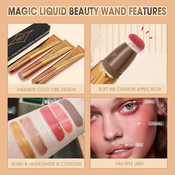 Liquid Highlighter Beauty Wand, Cream Liquid Highlighter Stick with Cushion Applicator, Lightweight Blendable, Long Lasting Silky Cream Highlighter Stick | 5# Highlight Rose Gold