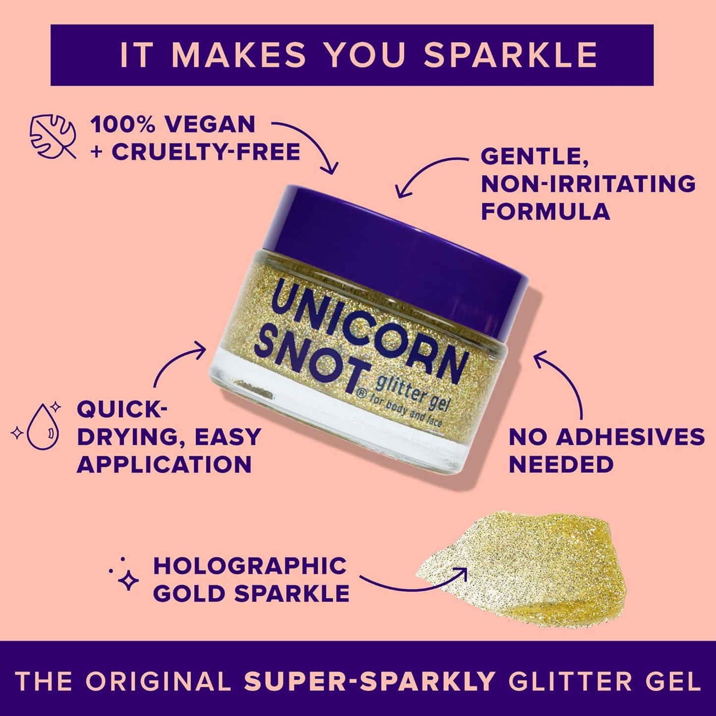 UNICORN SNOT Holographic Face Glitter & Body Glitter Gel: Glitter Makeup, Hair Glitter, Festival Rave and Anime Cosplay, Halloween Costume Makeup - Vegan & Cruelty Free, 1.7 oz Gold Glitter (Bling)