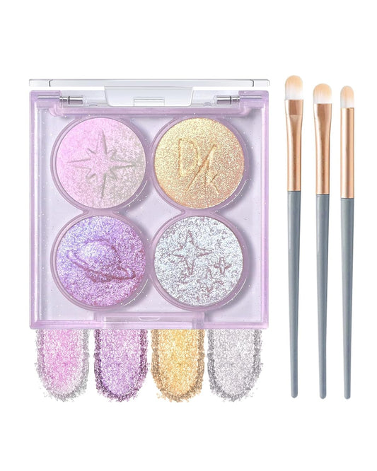 Holographic Multichrome Glitter Eyeshadow&Highlighter Palette, Sparkling Color Shift Metallic Shimmer Face Eye Shadow Palette,Highly Pigmented Cream Purple Mermaid Facial Illuminator Fairy Makeup-02
