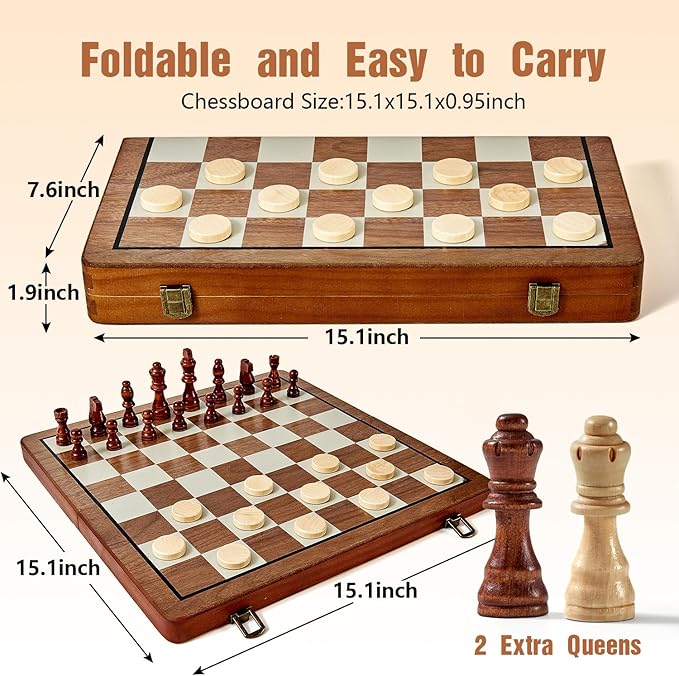 MerryPony 2 in 1 Magnetic Wooden Chess and Checkers Set, 15" Foldable Chess set for Adults & Kids, Chess Board with 2 Extra Queens, Travel Chess Set with Pieces Storage Slots, Ideal Chess for Beginner