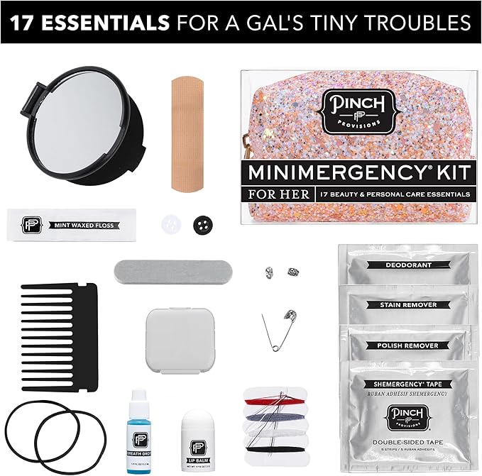 Pinch Provisions Rosé Minimergency Kit, includes 17 Travel-Sized Cosmetic Essentials, Convenient for Purses, Emergency Beauty Accessories, Gifts for Holiday’s & Birthday’s