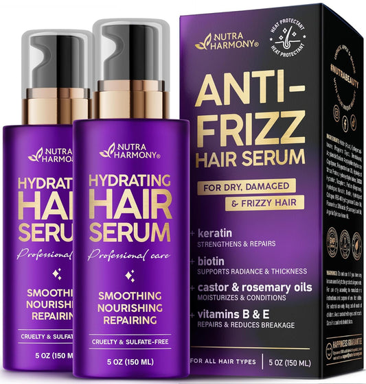 Hydrating Hair Serum – Keratin Hair Treatment for Dry, Frizzy, Damaged Hair – Biotin, Castor & Rosemary Oils – Anti‑Frizz, Heat Protectant & Split Ends Repair for Smooth, Shiny Hair, Pack of 2