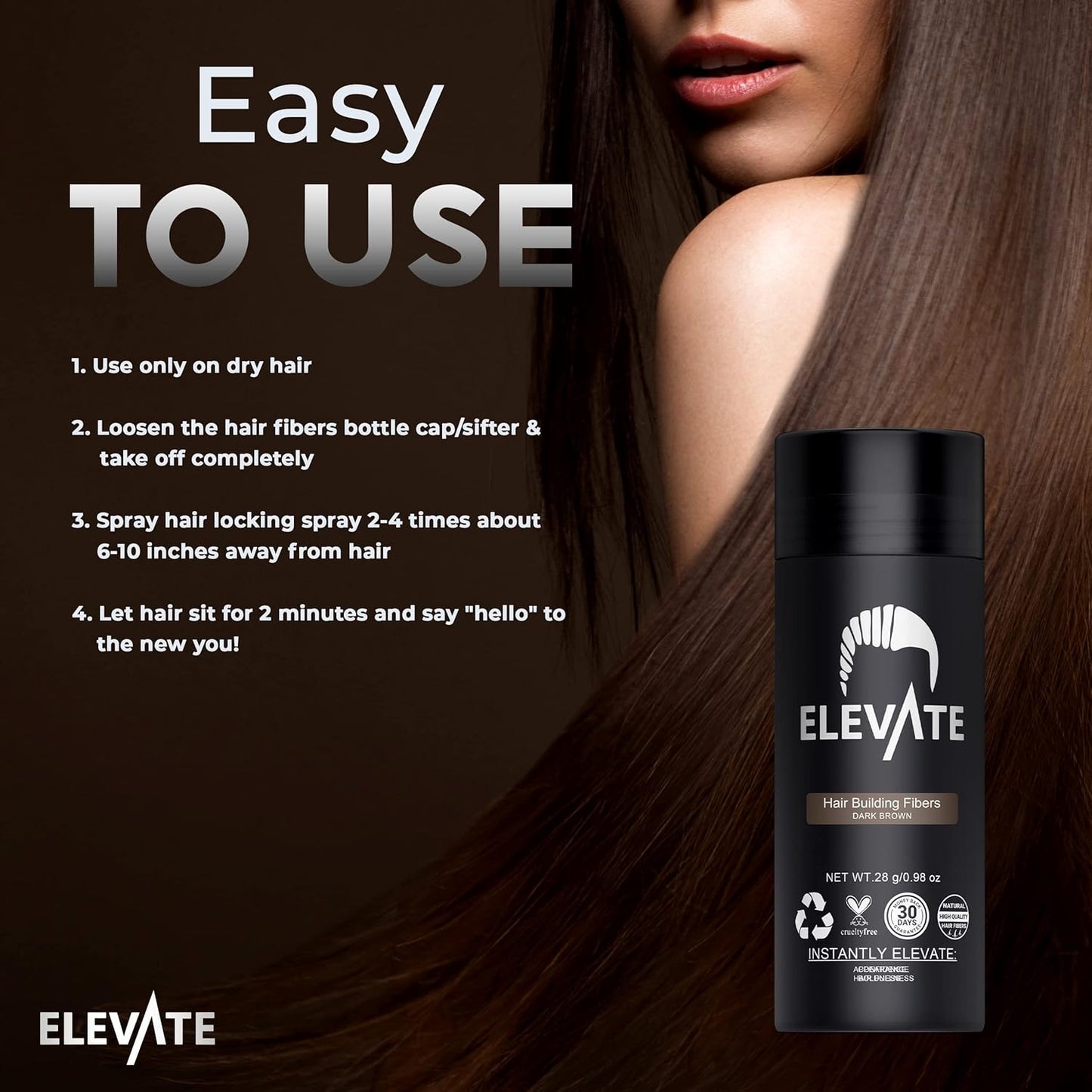 ELEVATE Hair Fibers for Thinning Hair Large Size 40g Bottle - 100% Natural Undetectable Keratin Fibers to Instantly Fill in Thinning Balding Loss Area Fuller in 30 Seconds Men & Women (Dark Brown)